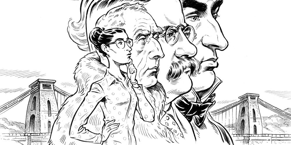 A black-and-white illustration of a woman in profile. Behind her are the profiles of British engineer Isambard Kingdom Brunel, US president President Theodore Roosevelt, and Norwegian explorer Roald Amundsen. A black-and-white illustration of a woman in profile. Behind her are the profiles of British engineer Isambard Kingdom Brunel, US president President Theodore Roosevelt, and Norwegian explorer Roald Amundsen.