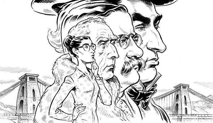 A black-and-white illustration of a woman in profile. Behind her are the profiles of British engineer Isambard Kingdom Brunel, US president President Theodore Roosevelt, and Norwegian explorer Roald Amundsen.