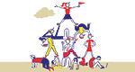 An illustration of ten people who are forming a human pyramid. Each person is in a different pose.