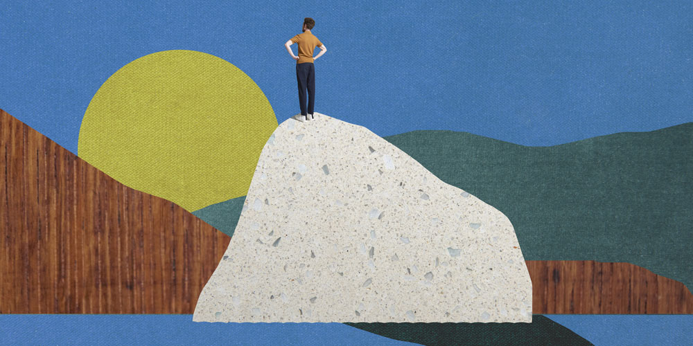 An illustration of a person standing on a rock watching the sun rise over the hills. An illustration of a person standing on a rock watching the sun rise over the hills.