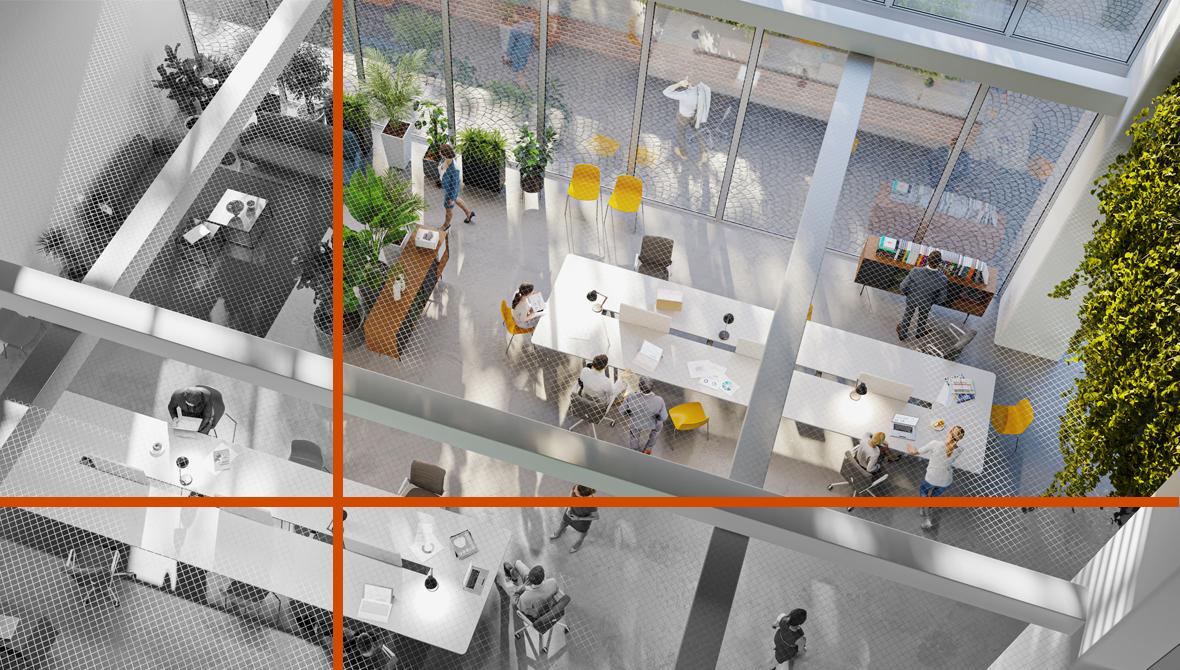 A high-angle perspective shows a modern open-office environment from above, with employees using the space to either work individually or to collaborate in small groups.