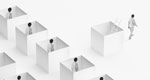 A photo-illustration of a worker using a ladder to exit one of several identical white cubes, the rest of which are occupied.