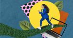 A photo collage shows a young businesswoman running along a grass path on a blue background, surrounded by colorful abstract shapes.