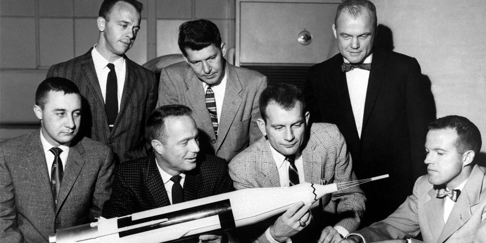 A photograph of the seven Mercury astronauts, taken in 1959. A photograph of the seven Mercury astronauts, taken in 1959.
