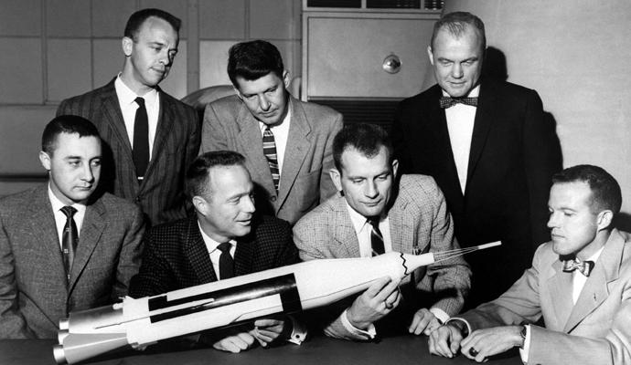 A photograph of the seven Mercury astronauts, taken in 1959.