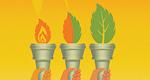 Three torches shown in three hands. The torch on the left has a flame; the torch in the middle has a combination of a flame and a leaf; and the torch on the right has only a leaf.
