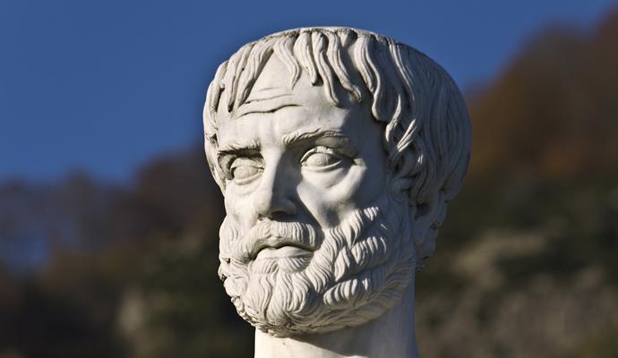 A photograph of the head of a statue of the Greek philosopher Aristotle.