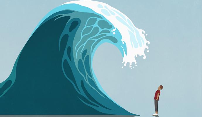 An illustration of a man standing before a giant wave that’s about to crash over him.