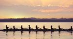 A photograph of a rowing team on the water at sunrise 