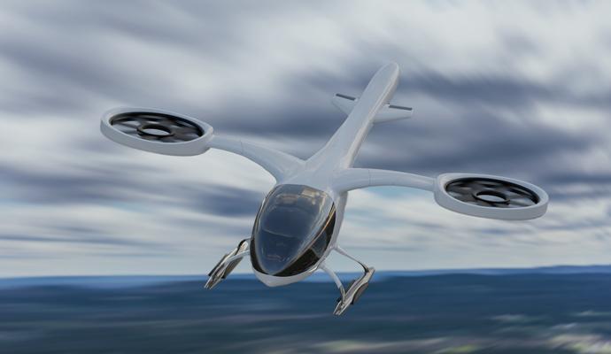 A photo-illustration of a dual-rotor electric vertical takeoff and landing aircraft