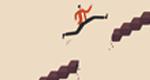 A businessman jumps past a gap in a broken staircase to reach his target. 