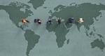 An overhead view of businesspeople walking in a single line across a world map