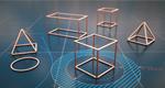 Various geometric shape models laying on a shiny surface with coordinates