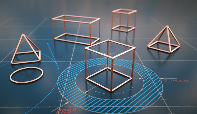Various geometric shape models laying on a shiny surface with coordinates