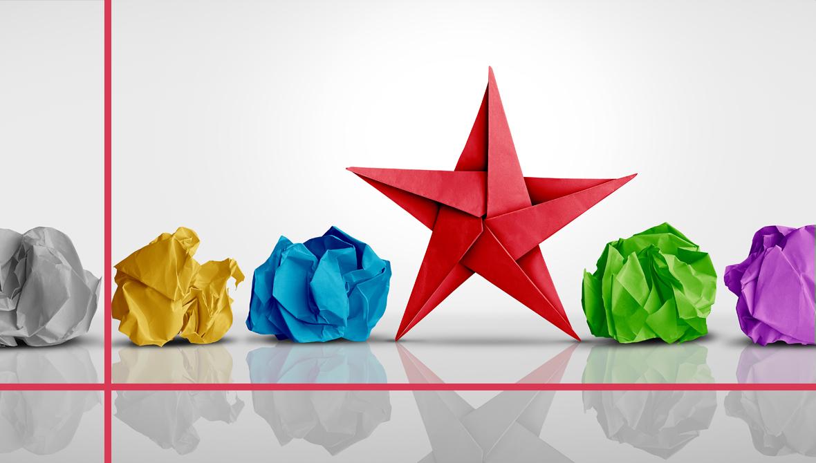 A photo of five crumpled balls of paper, each a different color. The sixth piece of paper is an origami star. A photo of five crumpled balls of paper, each a different color. The sixth piece of paper is an origami star.