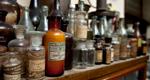 Bottles of pharmacy ingredients sit on a shelf