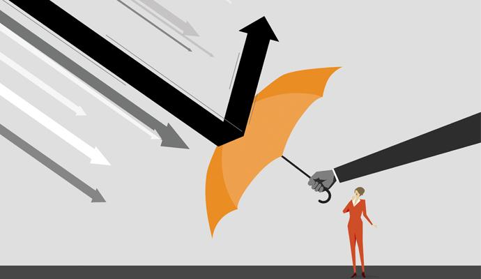 Orange umbrella providing protection to a person