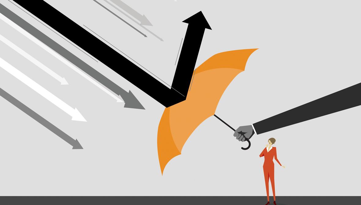 Orange umbrella providing protection to a person Orange umbrella providing protection to a person