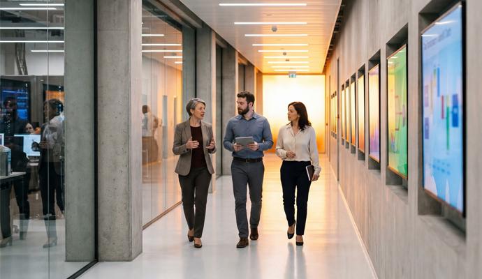 Three professionals converse while walking along a hallway in a modern office building with an industrial design. On the left of the image, the hall is bordered by glass-paneled meeting rooms; on the right, there's a wall with video monitors.