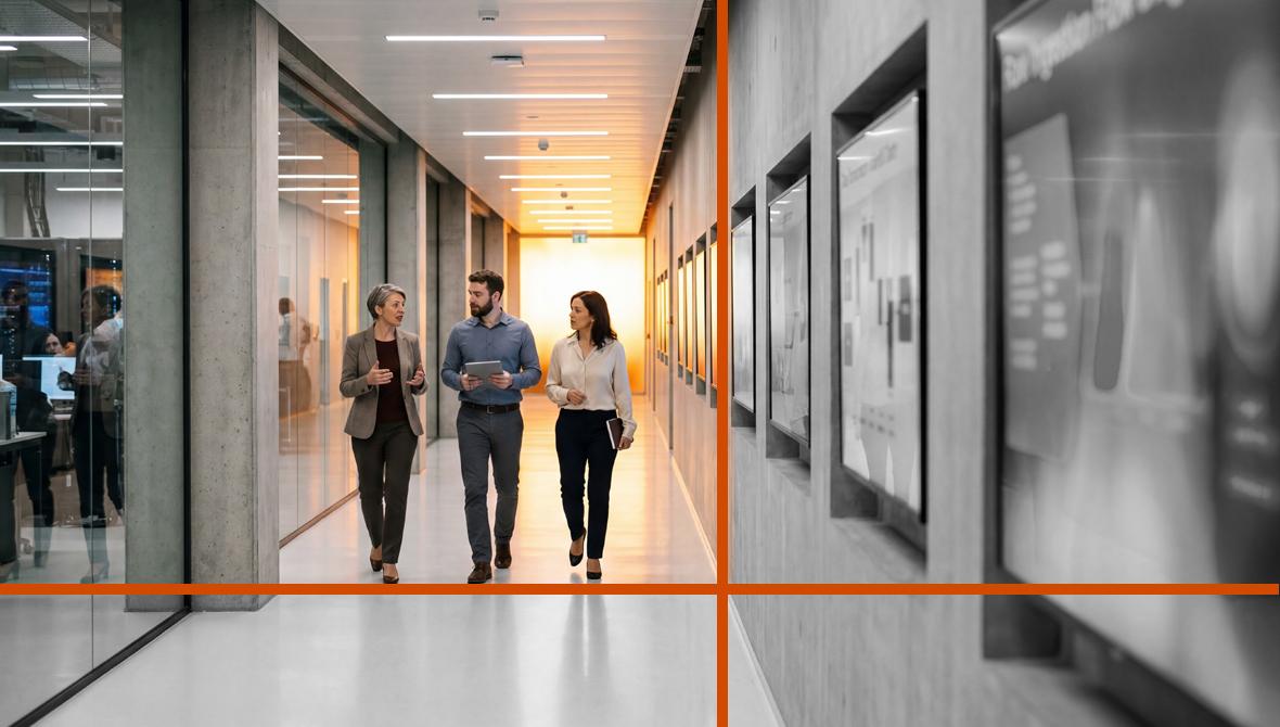 Three professionals converse while walking along a hallway in a modern office building with an industrial design. On the left of the image, the hall is bordered by glass-paneled meeting rooms; on the right, there's a wall with video monitors.