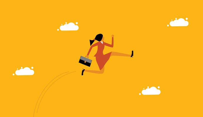 Business woman jumping into the sky