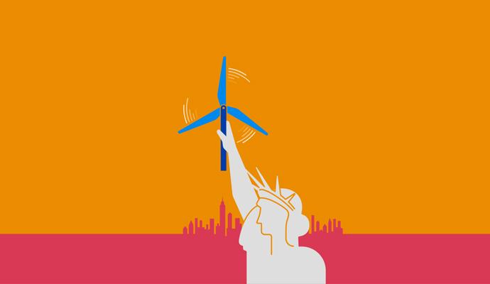 An illustration of the Statue of Liberty holding a wind turbine 
