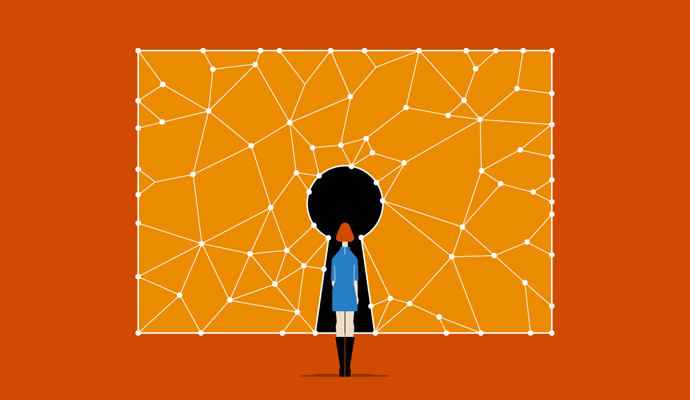Illustration of a woman standing in front of a large keyhole, which is surrounded by a web of connected dots and lines
