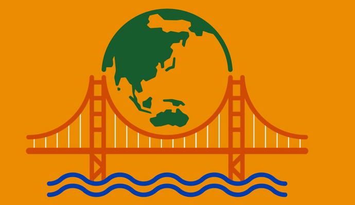 Illustration of the Golden Gate Bridge with the earth between the bridge’s two towers  