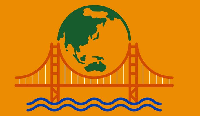 Illustration of the Golden Gate Bridge with the earth between the bridge’s two towers  