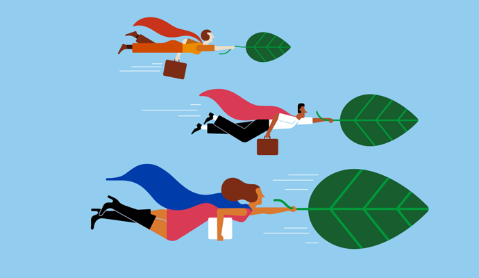 Illustration of businesspeople with superhero capes, flying through the air behind green leaves
