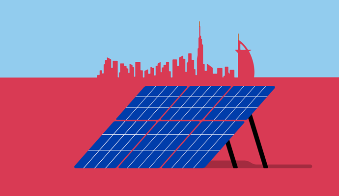 A stylized illustration shows a solar array in the foreground, set in front of the Dubai skyline.