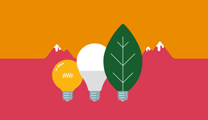 Illustration of three light bulbs in a row, with the final light bulb in the shape of a leaf