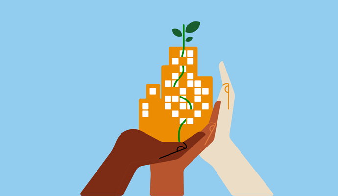 Illustration of three hands holding up an orange building with a green plant growing inside