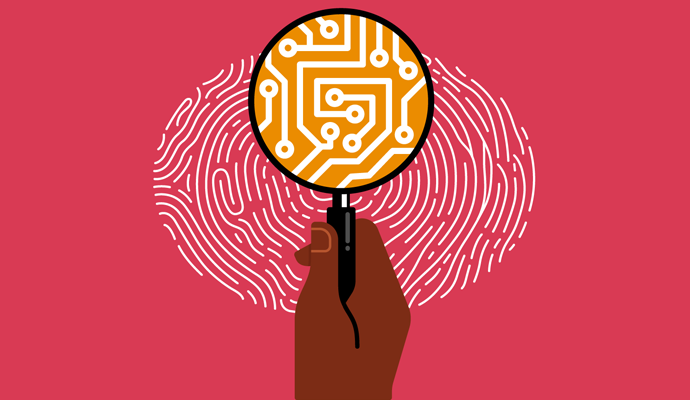 Illustration of a magnifying glass held above a fingerprint, with the magnified view showing digital circuity Illustration of a magnifying glass held above a fingerprint, with the magnified view showing digital circuity