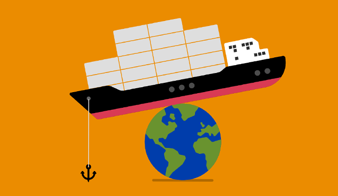 Illustration of a cargo ship balancing on a globe
