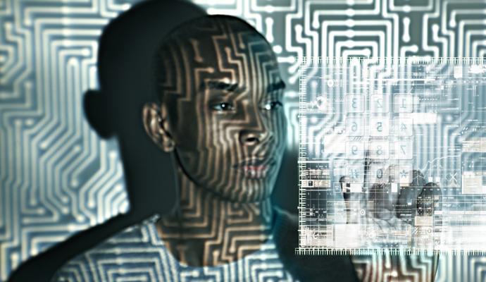 Photograph of a woman with an overlay pattern of digital circuitry