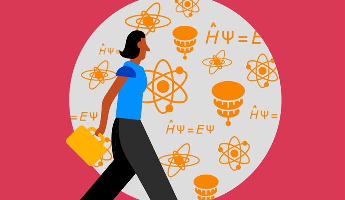 An illustration of a woman walking against a background of mathematical and scientific symbols  An illustration of a woman walking against a background of mathematical and scientific symbols
