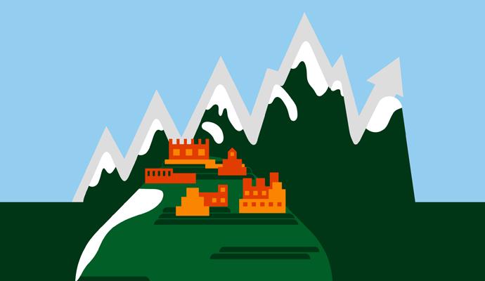 Illustration of buildings on a hillside, with a mountain range in the background