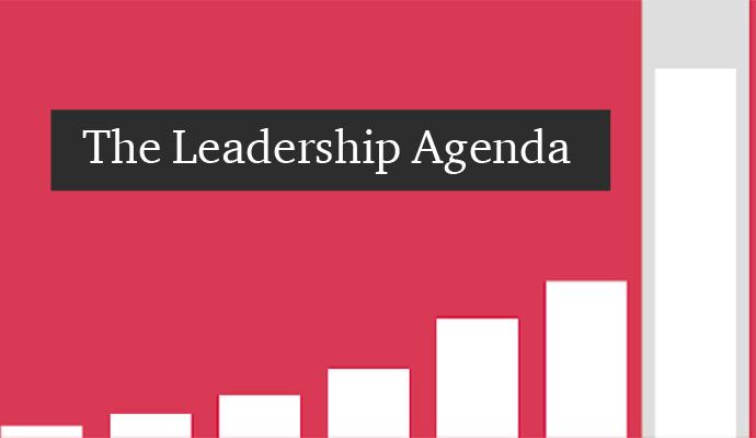 A photo of three medical professionals talking with the words "The Leadership Agenda" superimposed