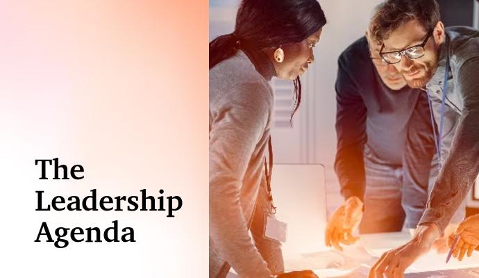 Woman working on electronics with the words “The Leadership Agenda” superimposed on the image