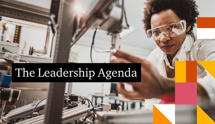Woman working on electronics with the words “The Leadership Agenda” superimposed on the image
