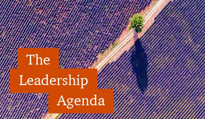 An aerial photograph of crops bisected by a road  with the words "The Leadership Agenda" superimposed