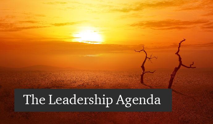 A photo of a land scape showing the effects of climate damage  with the words "The Leadership Agenda" superimposed
