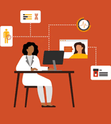 An illustration of a woman sitting at a desk typing on her computer.