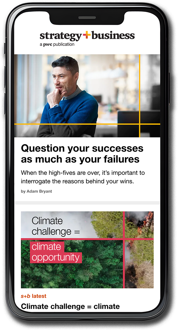 smartphone showing a preview of the strategy+business newsletter