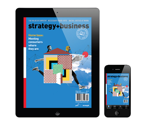 Tablet and smartphone displaying the strategy+business apps Tablet and smartphone displaying the strategy+business apps