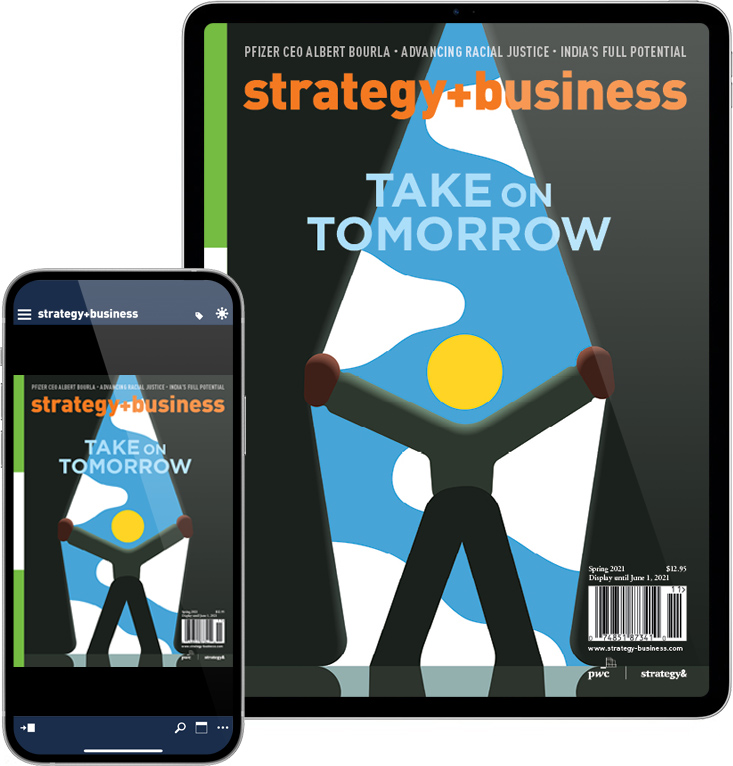 Tablet and smartphone displaying the strategy+business apps Tablet and smartphone displaying the strategy+business apps