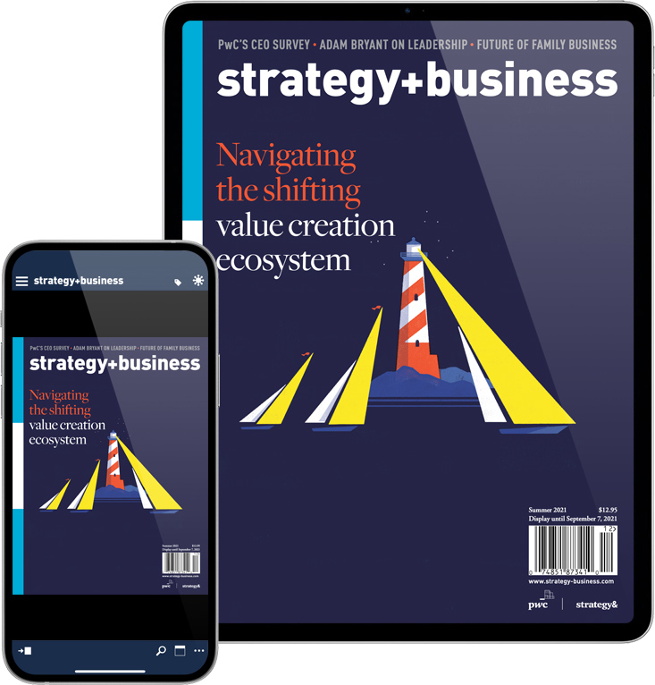 Tablet and smartphone displaying the strategy+business apps Tablet and smartphone displaying the strategy+business apps