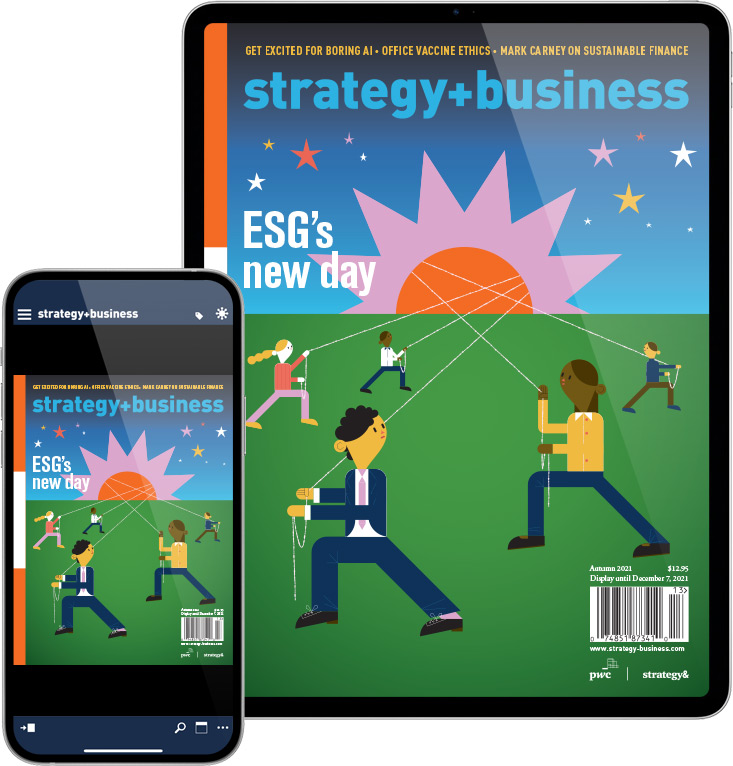 Tablet and smartphone displaying the strategy+business apps Tablet and smartphone displaying the strategy+business apps
