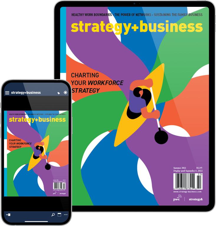 Tablet and smartphone displaying the strategy+business apps Tablet and smartphone displaying the strategy+business apps